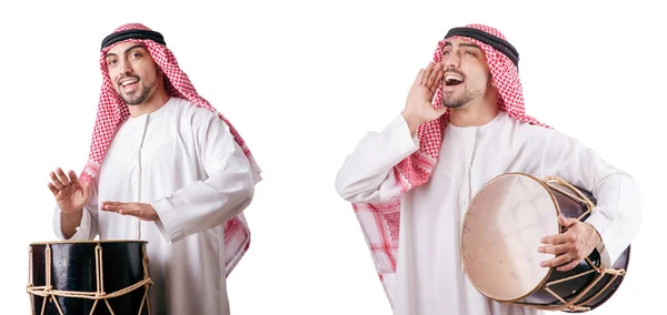 Arap adam beyaz izole davul ile — Stok fotoğraf