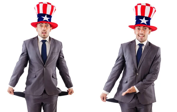 Man met Amerikaans hoed geïsoleerd op wit — Stockfoto