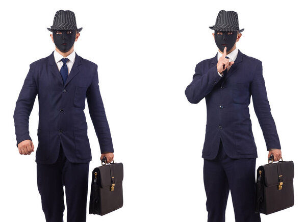 Man with mask and briefcase isolated on white 