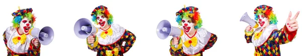 Funny male clown with megaphone — Stock Photo, Image