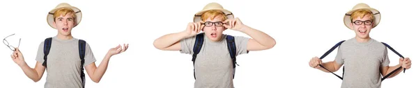 Młody chłopak w cork kask z plecaka — Zdjęcie stockowe