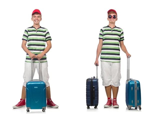 Fiatal férfi bőrönddel elszigetelt fehér — Stock Fotó