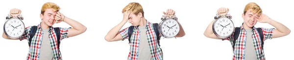 Ung pojke med väckarklocka i tid management koncept — Stockfoto