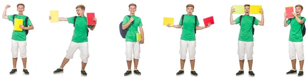 Fiatal diák hátizsák és jegyzetek elszigetelt fehér — Stock Fotó