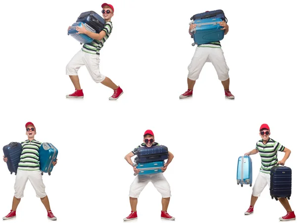 Giovane con valigie pesanti isolato su bianco — Foto Stock