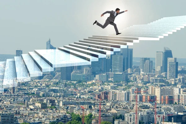 Businessman climbing career ladder over city — Stock Photo, Image