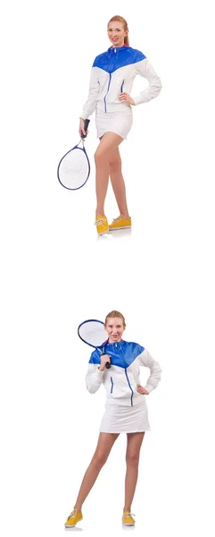 Jovem bela senhora jogando tênis isolado no branco Imagens Royalty-Free