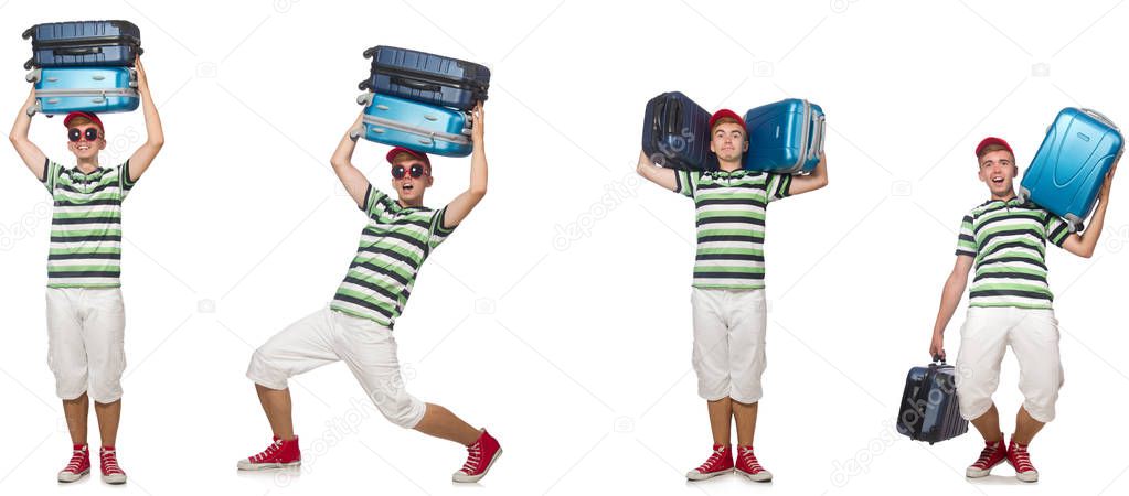 Young man with heavy suitcases isolated on white 