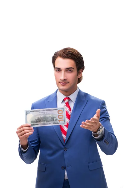 Elegante hombre con billete aislado en blanco — Foto de Stock