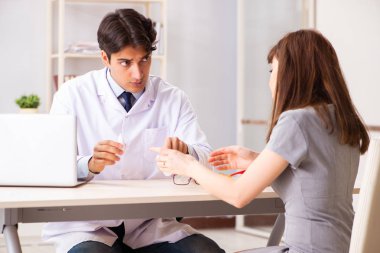 Genç bir kadın, erkek doktor göz doktorunu hastanede ziyaret ediyor.