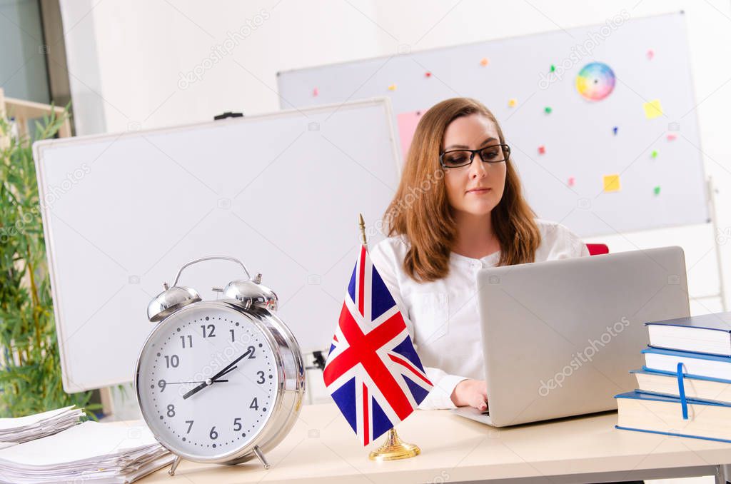Female english language teacher in time management concept 