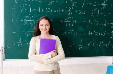 Karatahtanın önünde genç bayan matematik öğretmeni.  