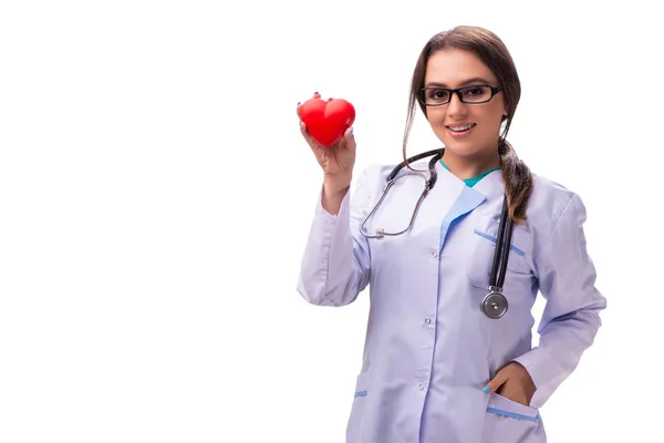 젊은 여성 의사 심장 흰색 절연 — 스톡 사진