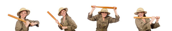 Woman wearing safari hat on white