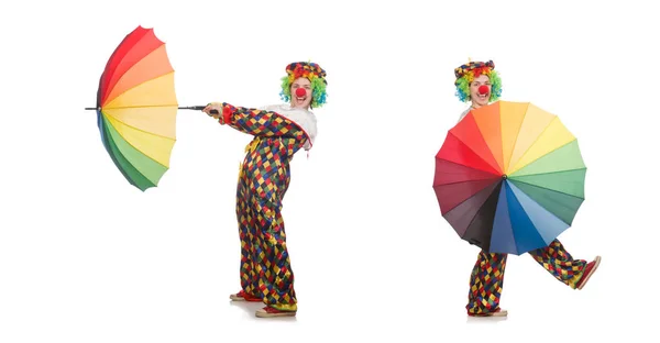 Clown mit Regenschirm isoliert auf weiß — Stockfoto