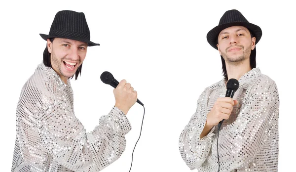 Ung man sjunga med mikrofon isolerad på vit — Stockfoto