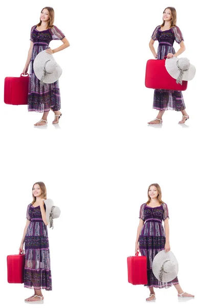 Mujer joven con maleta aislada en blanco —  Fotos de Stock