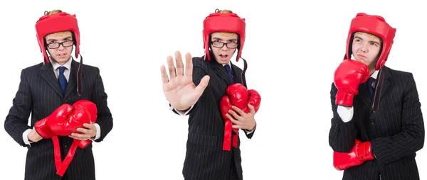 Junger Angestellter mit Boxhandschuhen isoliert auf weißem Grund — Stockfoto