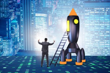 Genç işadamı uzay roketi start-up kavram yatılı