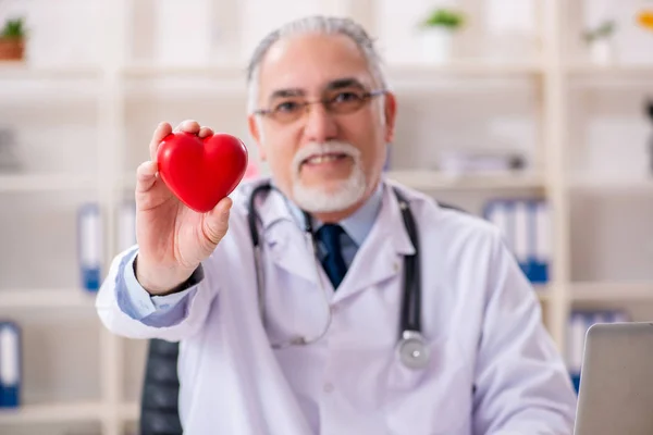Ηλικίας αρσενικό ο γιατρός καρδιολόγος με καρδιά μοντέλο — Φωτογραφία Αρχείου