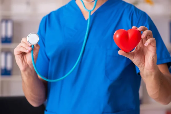 Male doctor cardiologist holding heart model — Stock Photo, Image