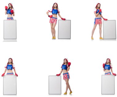 İle tahta üzerinde beyaz izole kadın boksör  