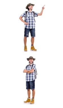 Genç seyahat beyaz izole sanal düğmesine basarak