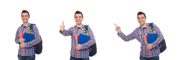 Estudante caucasiano sorridente com mochila e livro isolado no whi — Fotografia de Stock