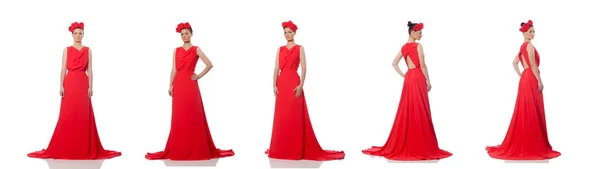 Pretty caucasian model in red long evening dress isolated on whi — Stock Photo, Image