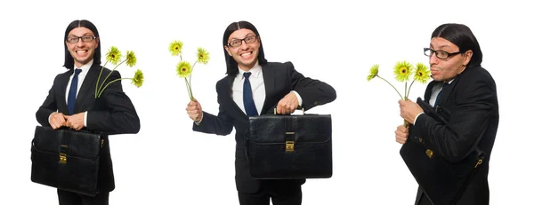 Bonito empresário com flor e breve caso isolado no whit — Fotografia de Stock