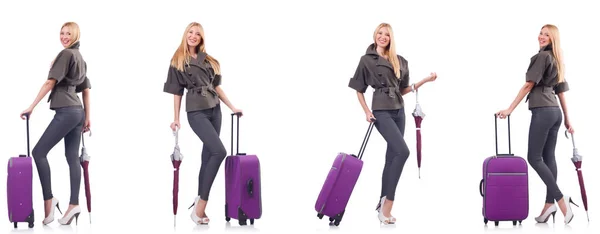 Young beautiful woman with suitcase and umbrella isolated on whi — Stock Photo, Image