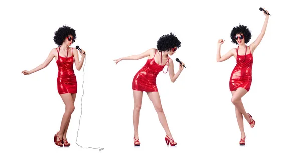 Pop star with mic in red dress on white — Stock Photo, Image