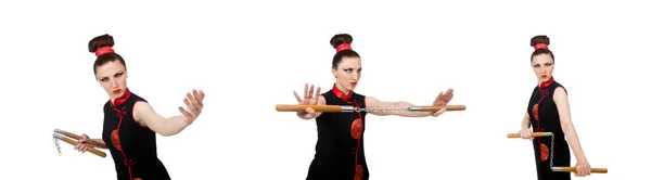 Mujer divertida con nunchucks aislados en blanco —  Fotos de Stock