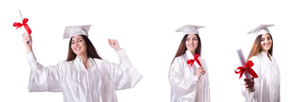 Chica graduada con diploma aislado en blanco —  Fotos de Stock