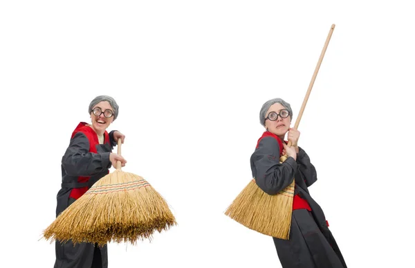 Mujer con cepillo barrido aislado en blanco — Foto de Stock