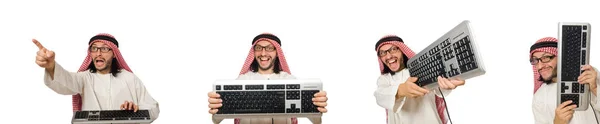 Арабский бизнесмен с компьютером на белом — стоковое фото