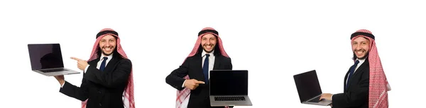Empresário árabe com computador em branco — Fotografia de Stock