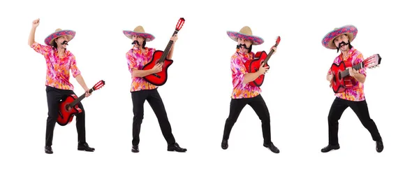 Mexican male brandishing guitar isolated on white — Stock Photo, Image