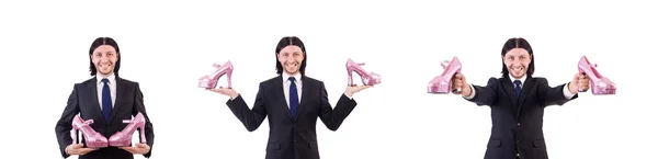 Uomo con scarpe donna isolato su bianco — Foto Stock