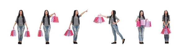 Donna con shopping bags isolata su bianco — Foto Stock