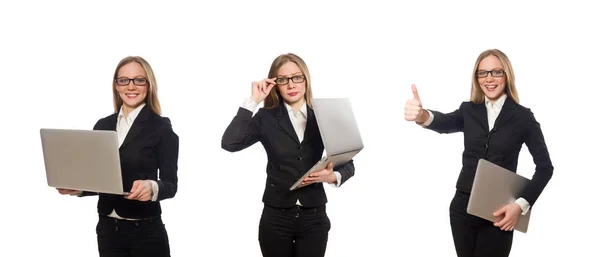 Bastante empleado de oficina con portátil aislado en blanco — Foto de Stock