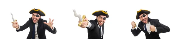 Piraat zakenman met sabre geïsoleerd op wit — Stockfoto