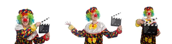 Clown med filmen clapper isolerad på vit — Stockfoto