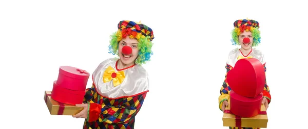 Clown with giftbox isolated on white — Stock Photo, Image