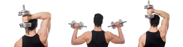 Hombre con mancuernas aisladas en blanco — Foto de Stock