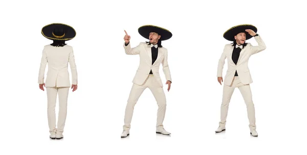 Grappige Mexicaanse in pak en sombrero geïsoleerd op wit — Stockfoto