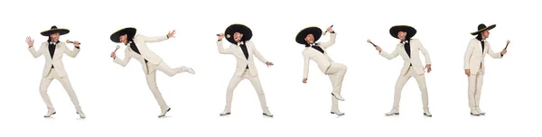 Divertido mexicano en traje sosteniendo maracas aisladas en blanco — Foto de Stock