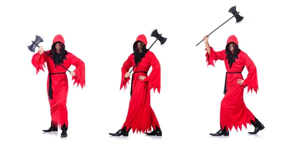 Executor em traje vermelho com machado em branco — Fotografia de Stock