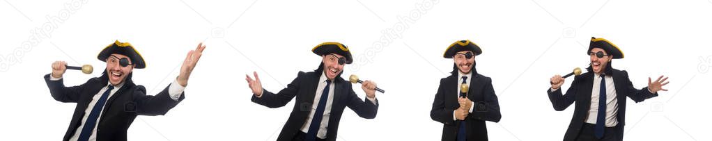 Pirate businessman holding the microphone isolated on white