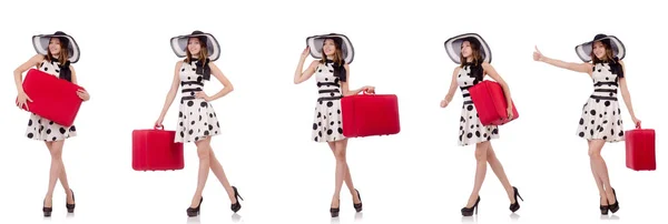 Vacker kvinna med röda resväska — Stockfoto